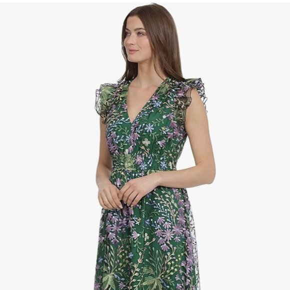 Maggy London Embroidered Floral Dress, Green/Lavender Multi, Size 8 - Picture 1 of 6